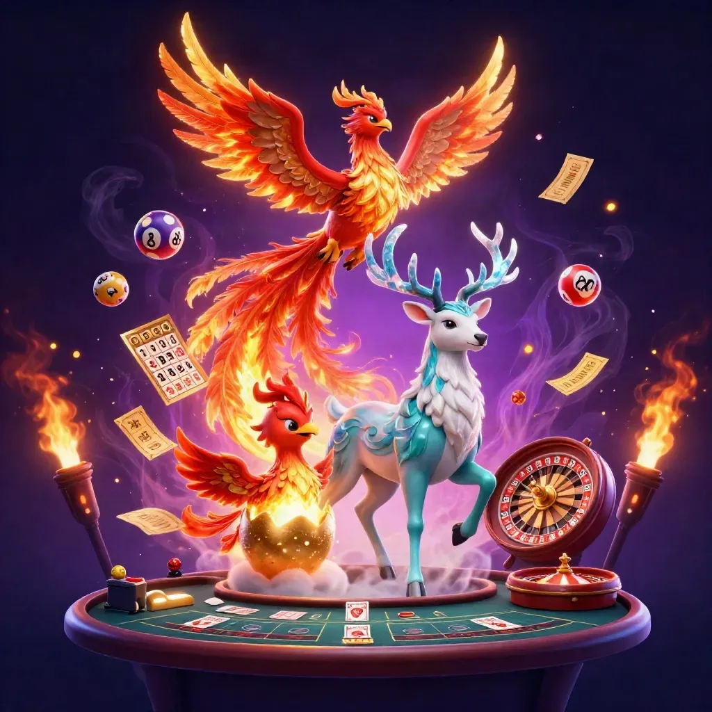 Fire phoenix, baby phoenix, and crystal stag amid casino magic, cards, wheels, and glowing particles.