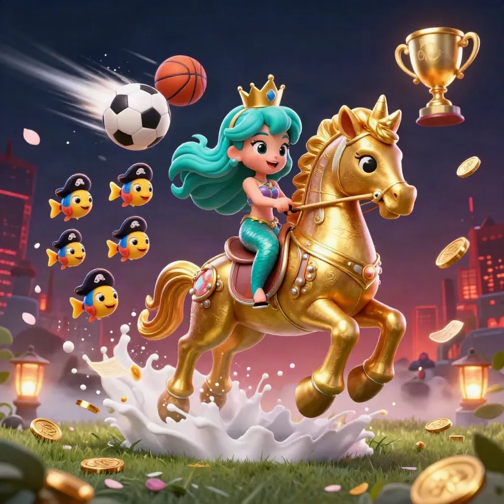 Mermaid princess on armored seahorse amid flying sports balls, coins, floodlights and casino magic.