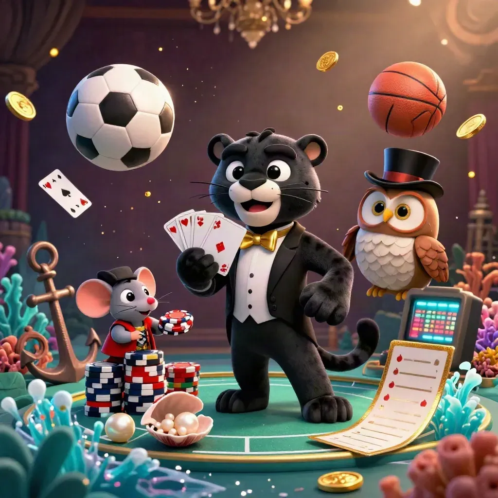 Panther, owl and mouse amid coins, cards, sports balls and treasure in a luxe casino splash scene.