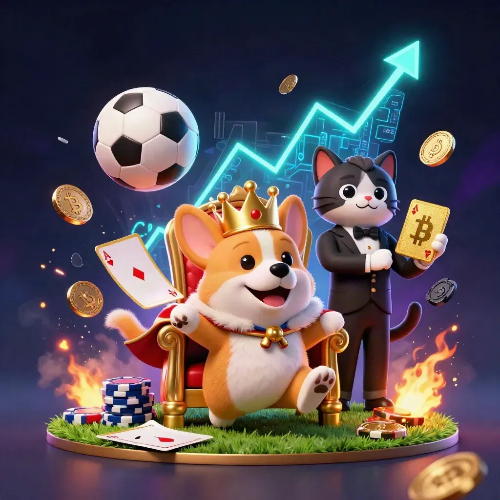 Royal corgi and cat butler amid flying coins, sports balls, and casino neon in a low-angle burst.