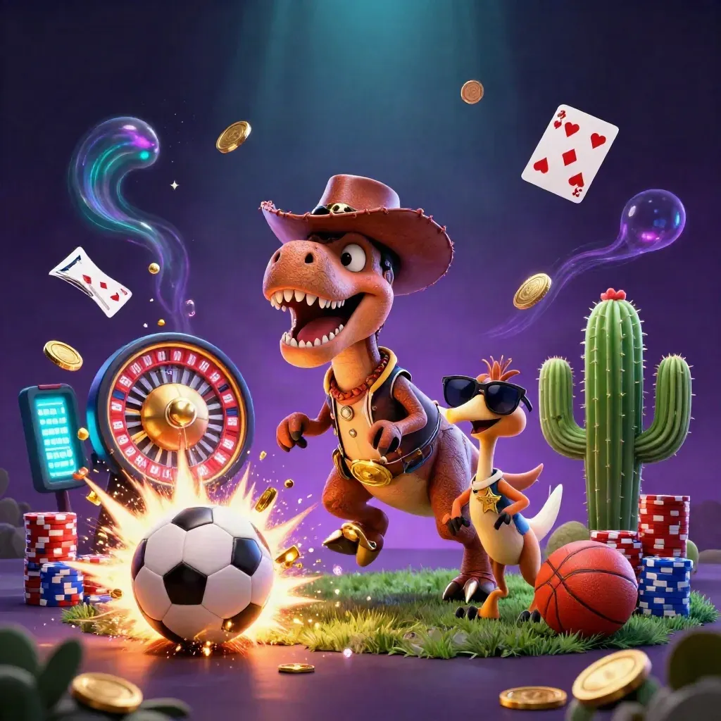 Cartoon cowboy T-Rex, cactus, and roadrunner amid casino bursts, coins, chips, and glowing sports balls.