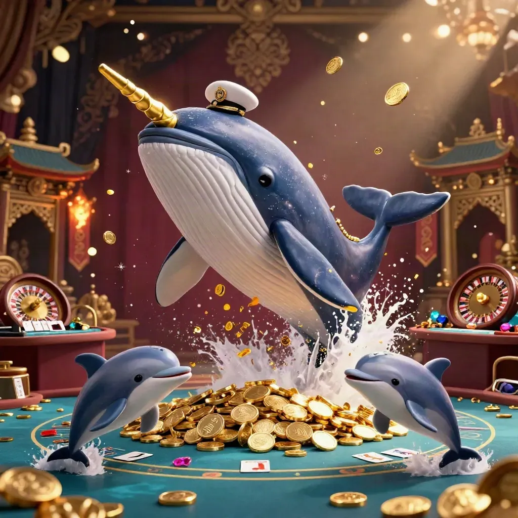 Captain whale, narwhal, and dolphins amid casino luxury, coins, cards, and chandelier glow.