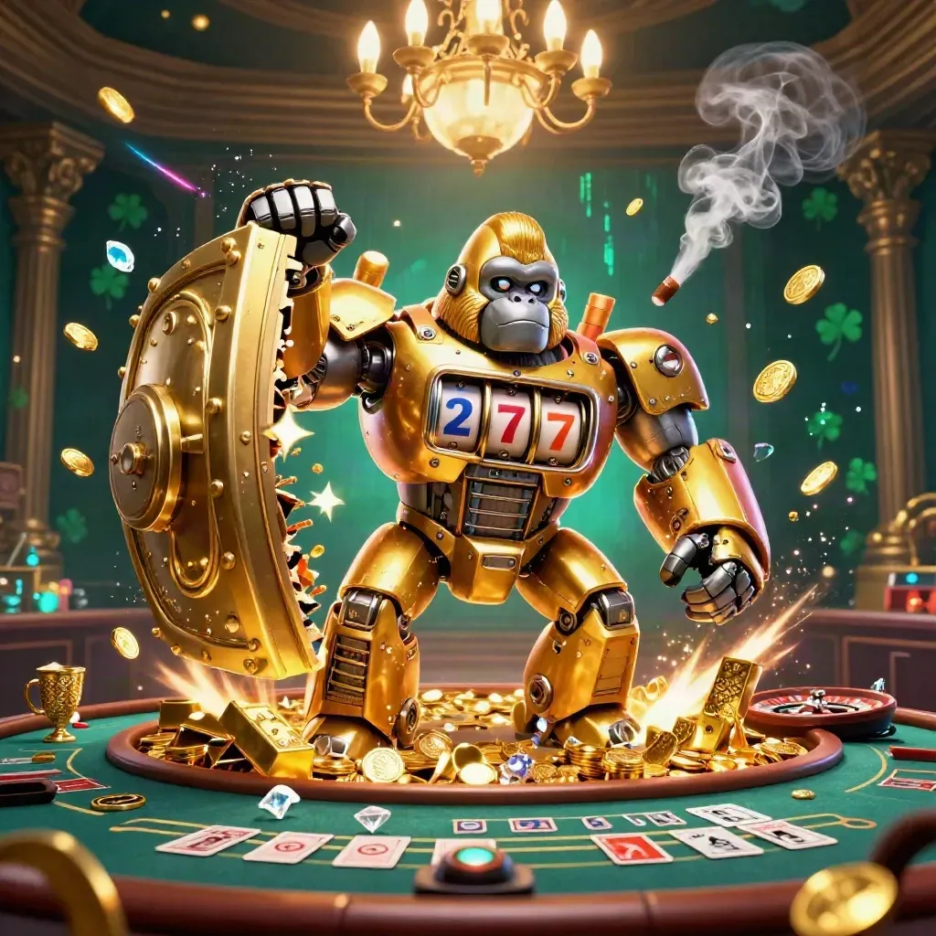 Golden gorilla mech with monkey pilot amid vault gold, roulette, cards, and casino glow