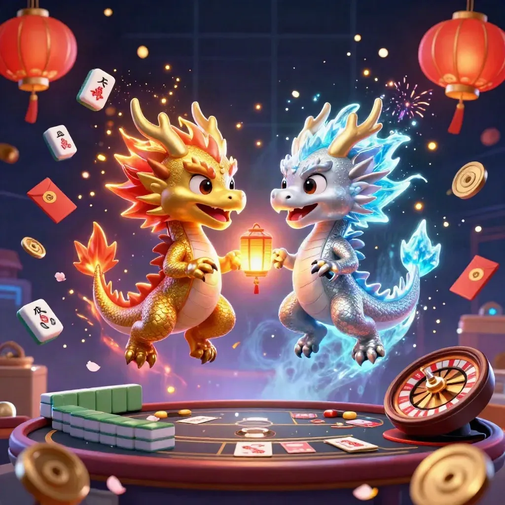 Gold and silver dragons in a yin-yang, surrounded by casino and lucky symbols.