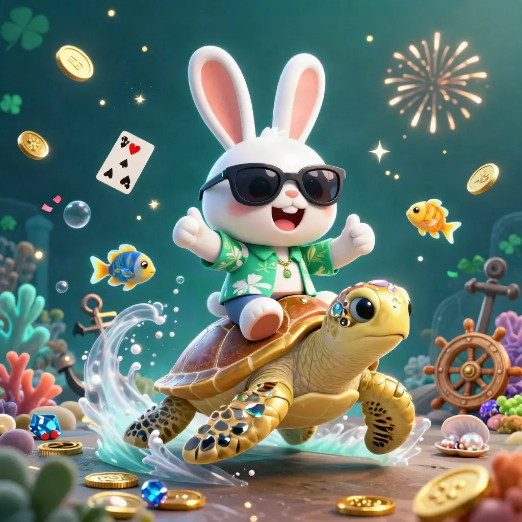Lucky rabbit rides a gem-turtle through a gold coin treasure cove with fish and coral.