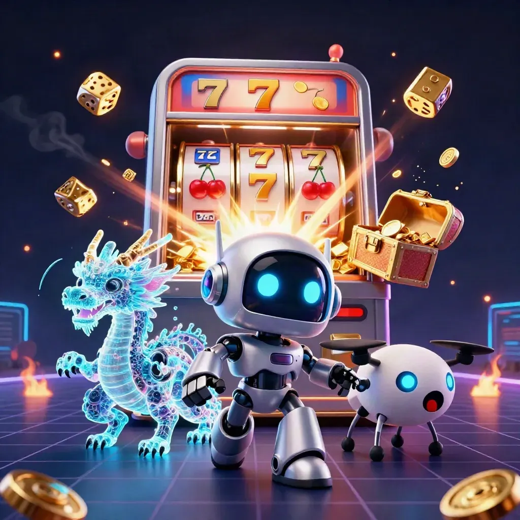 Cyberpunk robot, holographic dragon and coin drone amid exploding casino loot and teal neon glow.