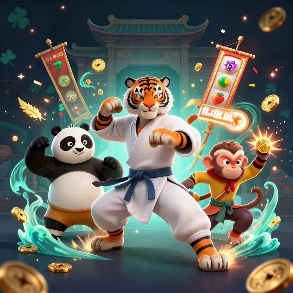 Kung-fu tiger, panda and monkey amid teal casino treasure, coins and fireworks.