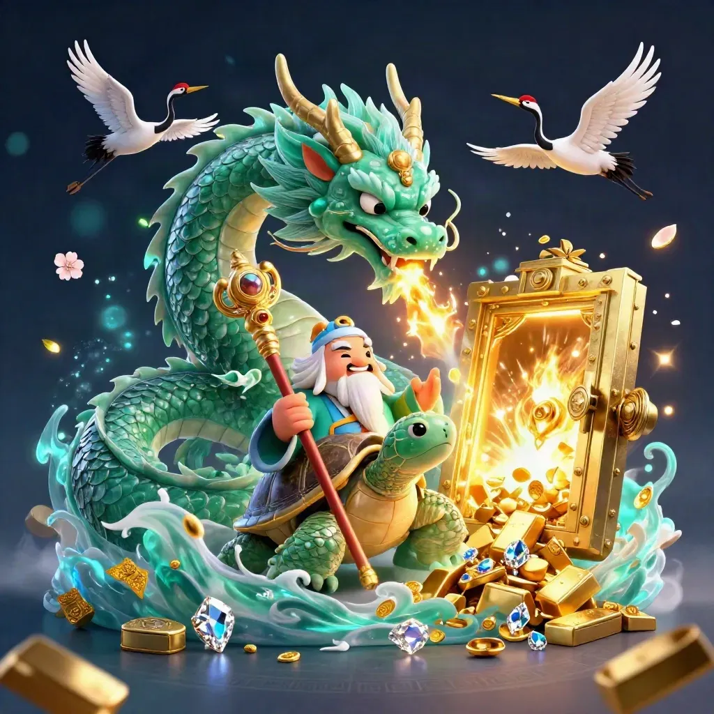 Jade dragon, turtle sage, and cranes burst gold treasure from a glowing temple vault.