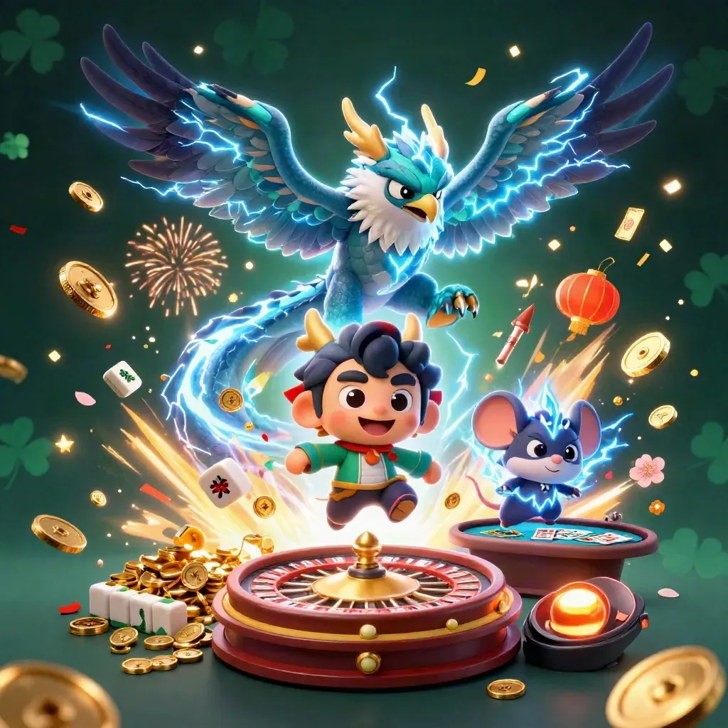Thunder dragon, hawk and mouse amid coins, fireworks, jade, lanterns and casino energy.