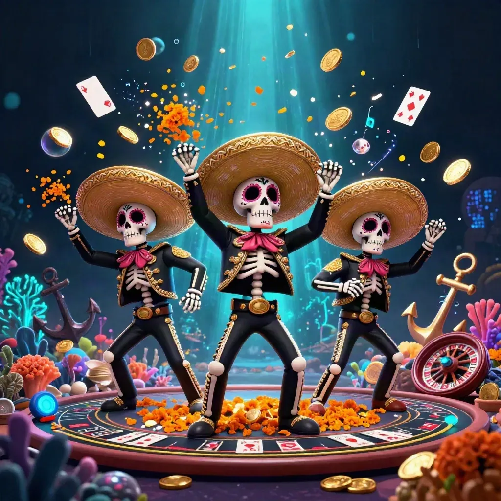 Skeleton mariachi trio celebrates among coins, coral, cards, and casino lights in a navy-gold treasure cove.