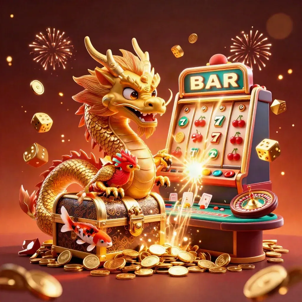 Golden dragon, phoenix and koi amid exploding casino treasure, slots, dice, roulette and cards.