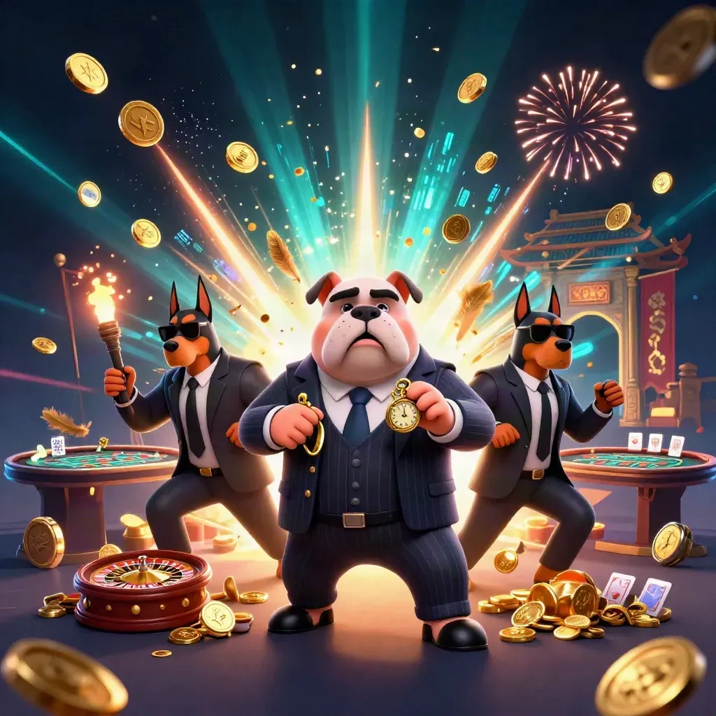 Bulldog boss with two Dobermans amid exploding coins, roulette, cards, and fireworks in a dark casino scene.
