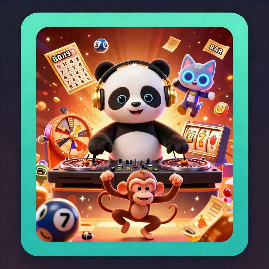 DJ panda, breakdancing monkey, and glow-stick kitten amid casino reels, balls, tickets, and golden light