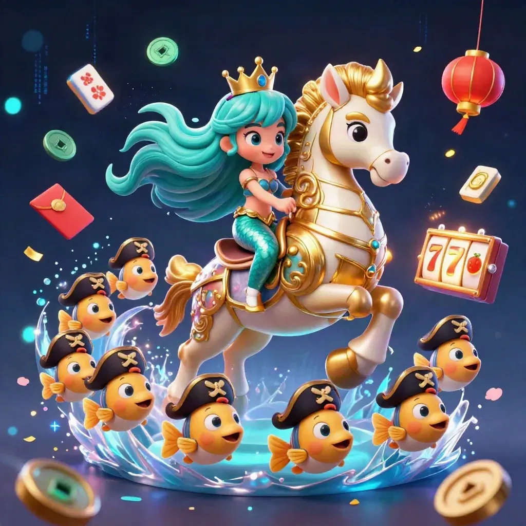 Mermaid princess rides a golden-armoured seahorse amid casino symbols and pirate-hat fish.