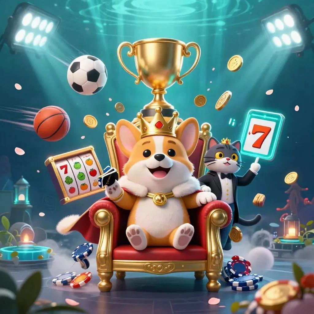 Royal corgi and cat butler atop poker chips amid flying balls, coins, reels and teal light.
