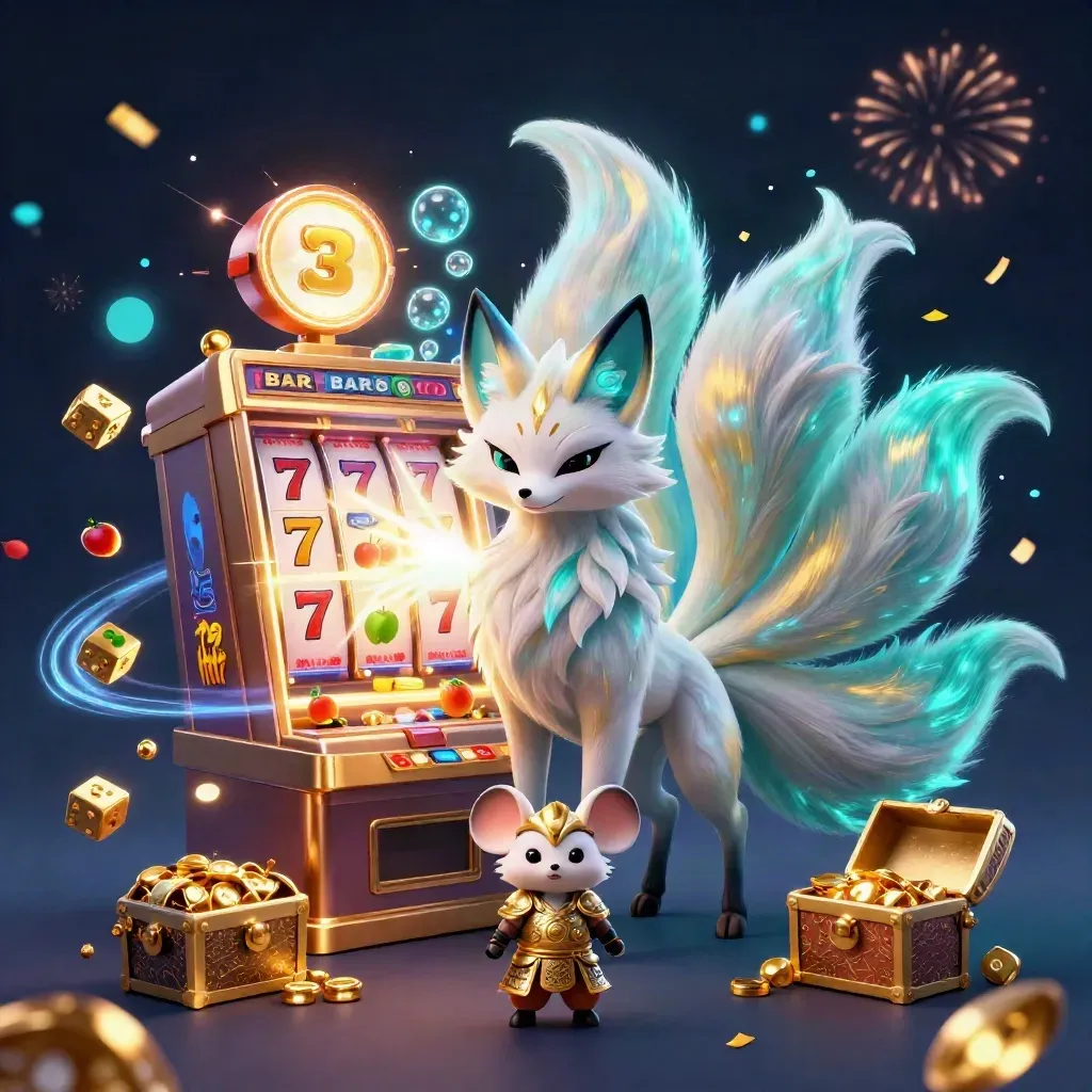Nine-tailed fox spirit and samurai mouse amid slots, gold, sparks and dark navy glow